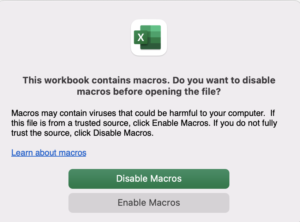 Microsoft Excel macro warning dialog box.