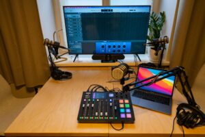 Image of a podcasting setup including the Rode PodCaster Pro mixer.